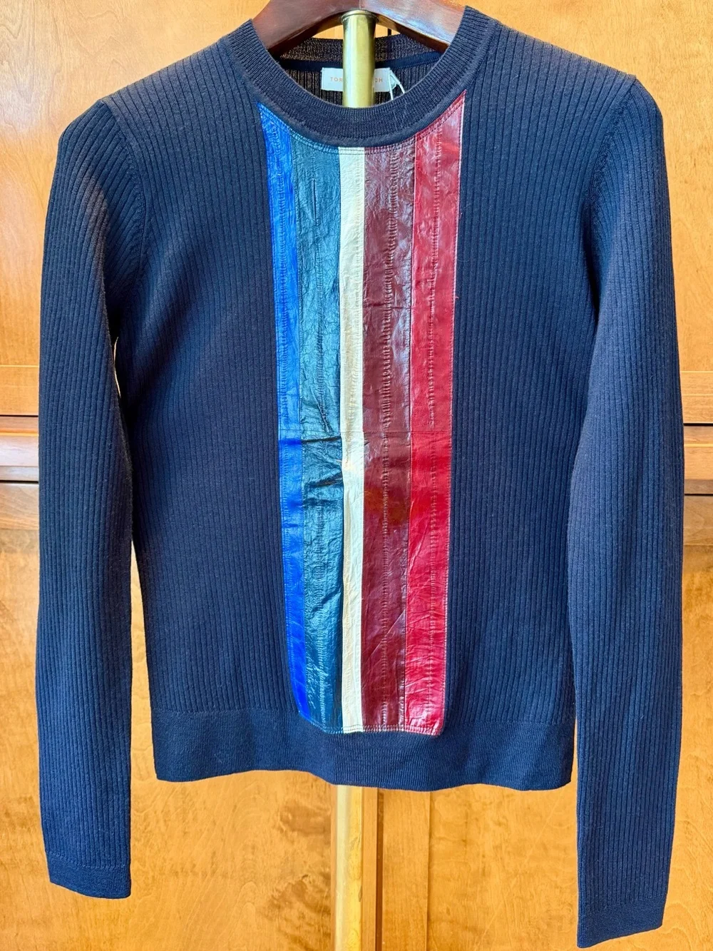 TORY BURCH RETRO-MOD JACINTHE SWEATER NAVY MIRINO WOOL EEL LEATHER STRIPES